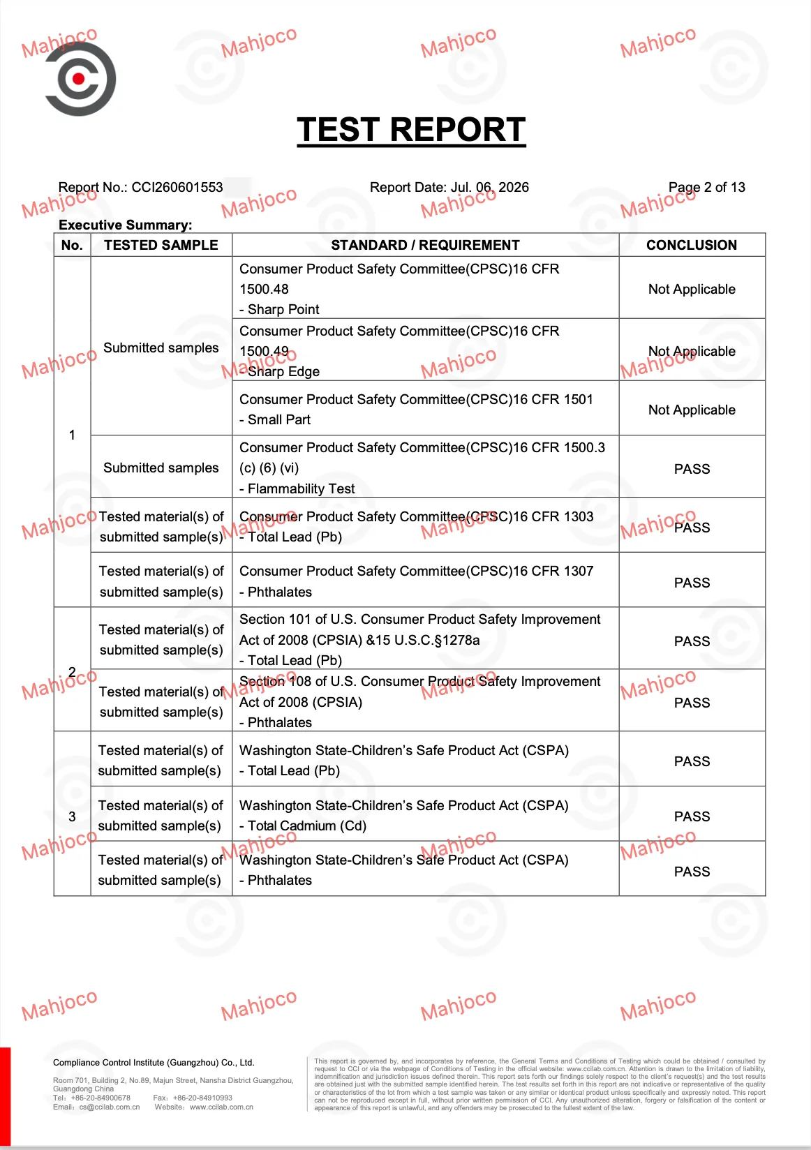 Product compliance test executive summary