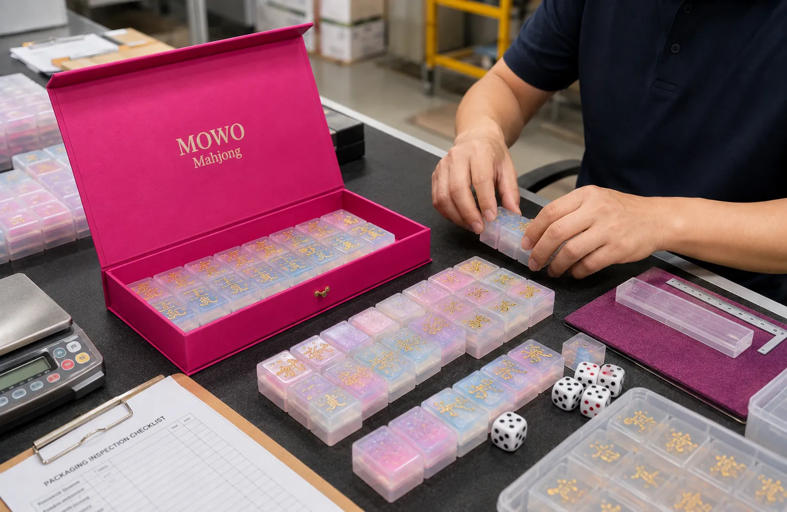 Finished custom Mahjong sets checked before shipment