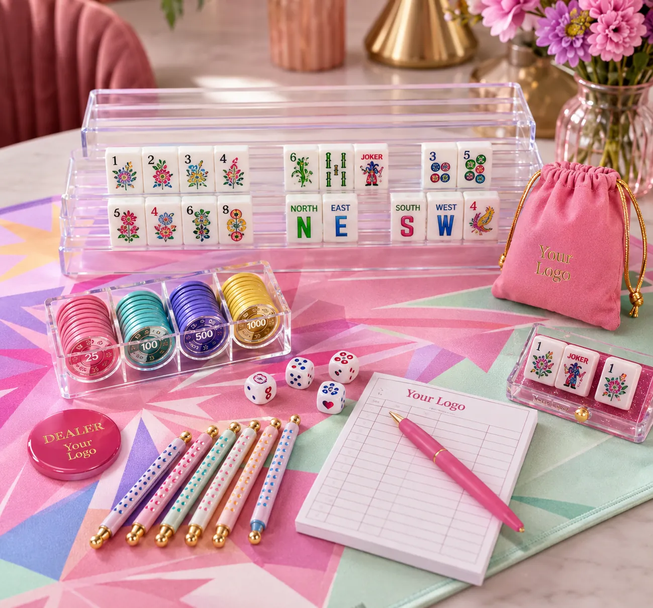 Custom Mahjong accessories including racks and bags