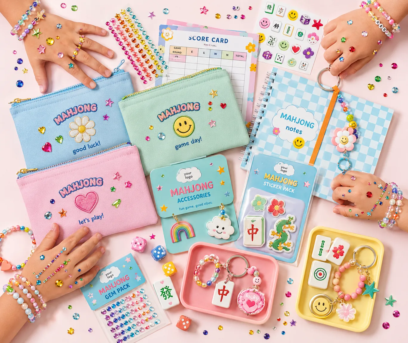 Pink mahjong mat, racks and matching game accessories