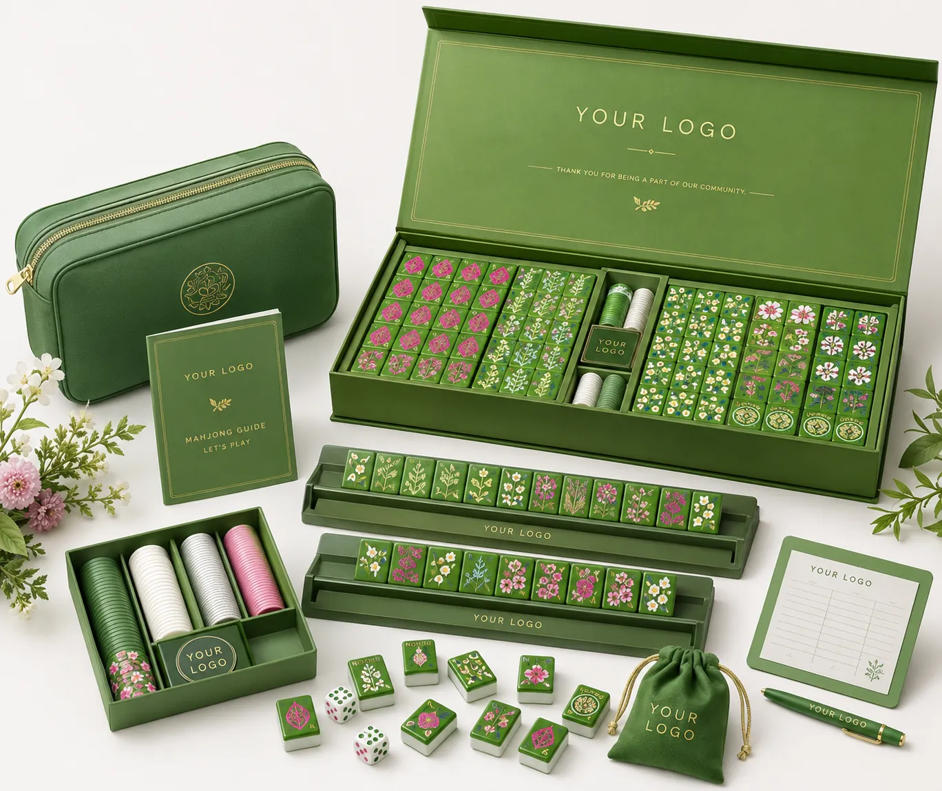 Custom American mahjong set with tiles, racks and carrying case