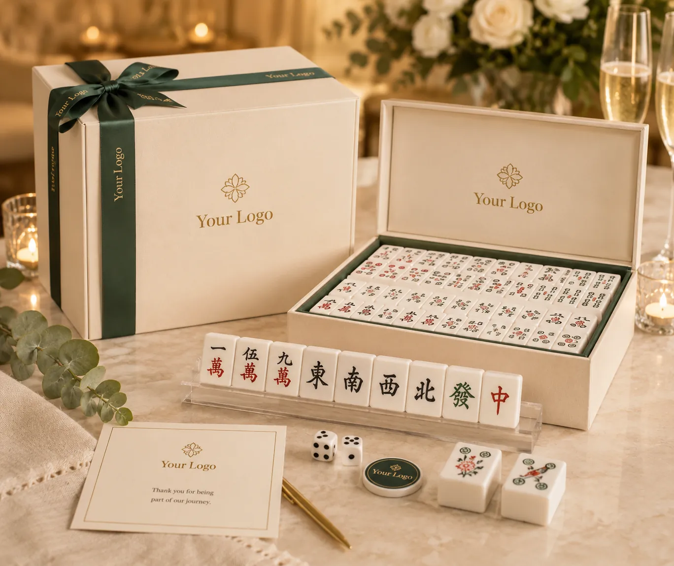 Custom pink mahjong gift set presented in an event setting