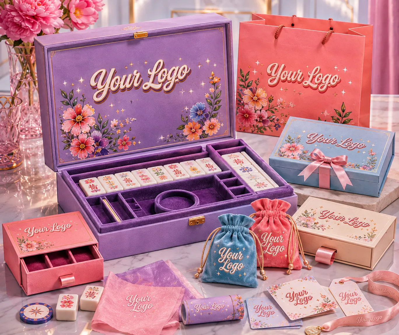 Colorful custom mahjong boxes, cases and fabric pouches
