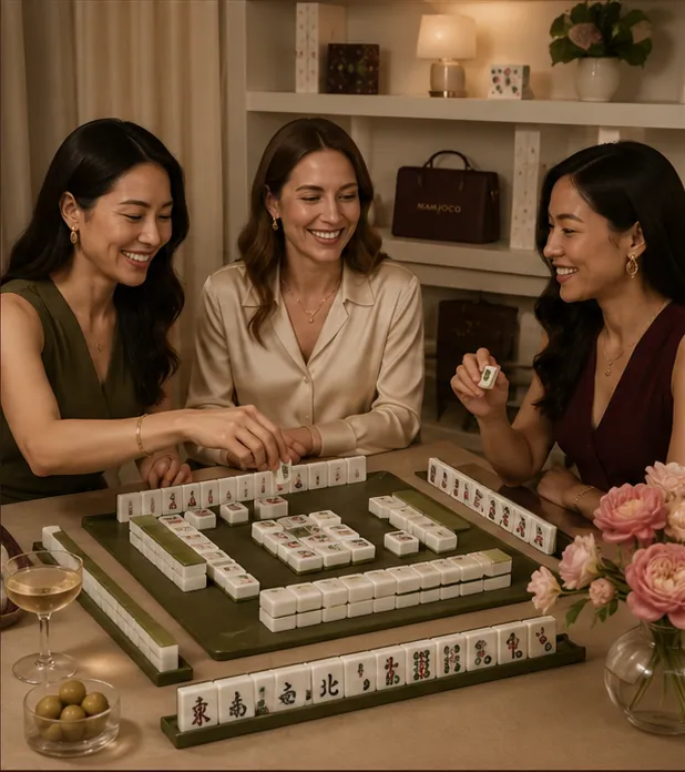 Friends playing with a Mahjoco mahjong set