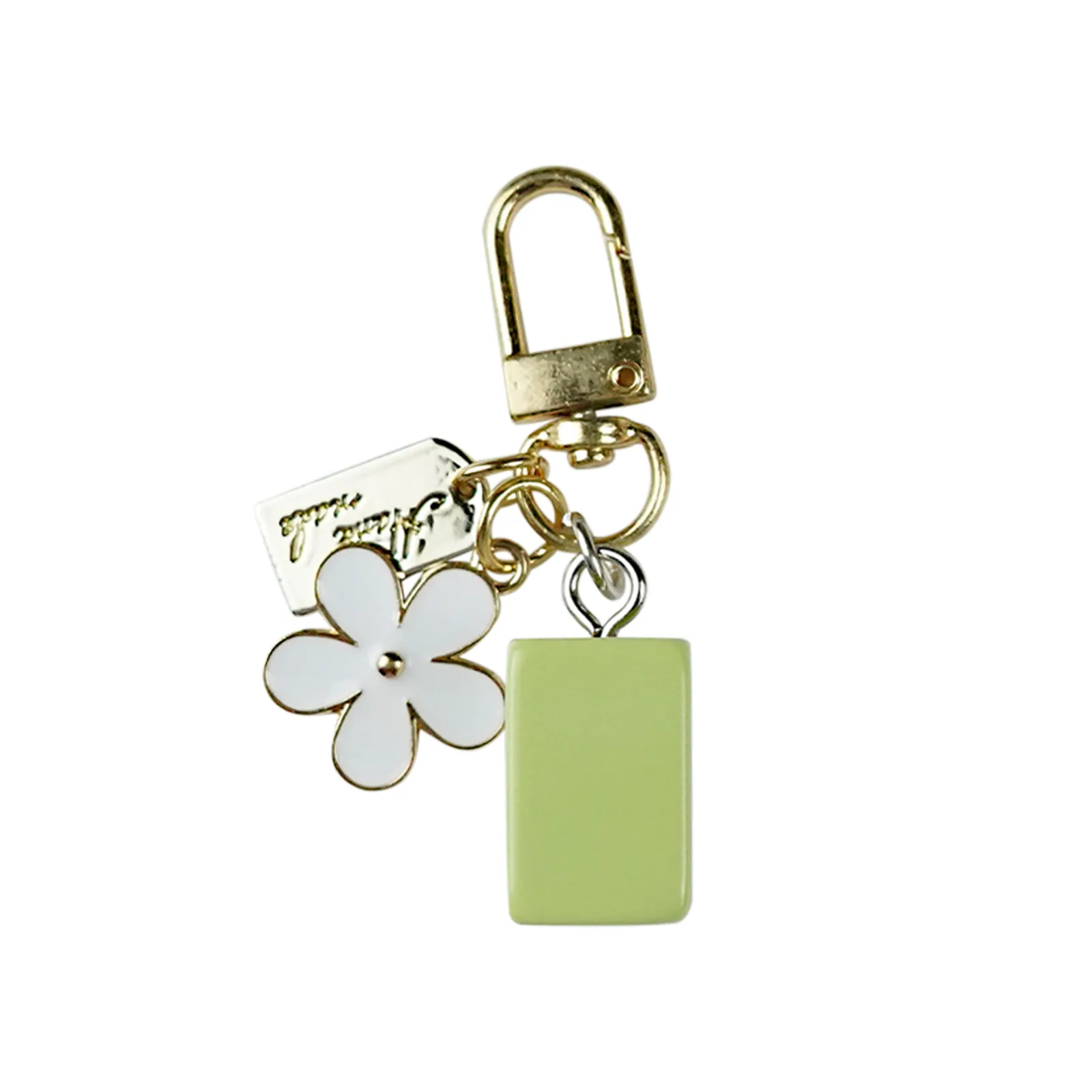 Floral Mahjong Tile Charm Keychain with Metal Clasp
