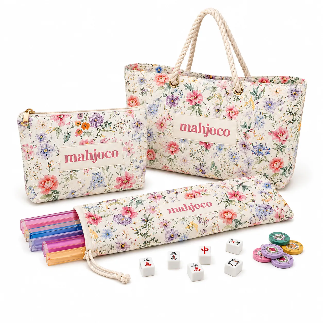 Floral Mahjong Tote Bag Set with Tile Pouch & Mat Carrier